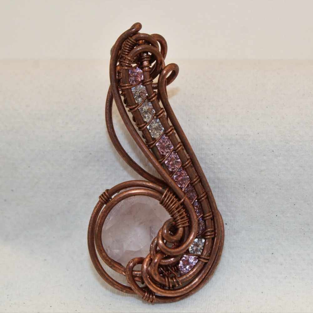Artisan Copper Wire Wrapped Necklace with Pink and Silver Accents